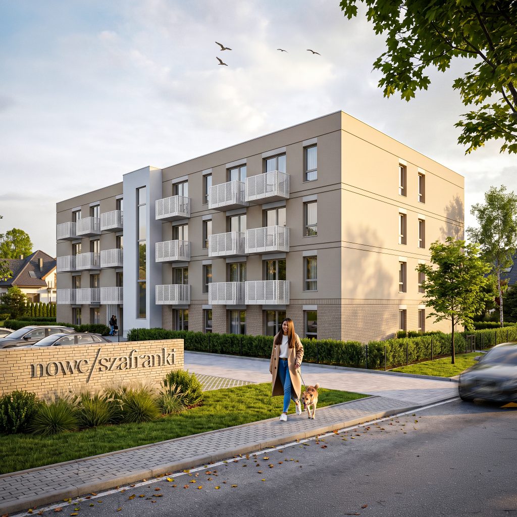 Nowe Szafranki Ostróda – wizualizacja frontowej elewacji budynku mieszkalnego o zachodzie słońca, białe balkony, zieleń i logo inwestycji