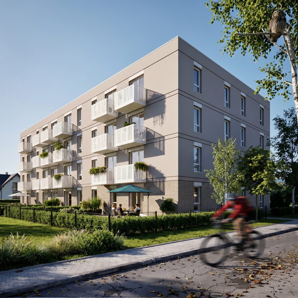 Nowe Szafranki Ostróda – wizualizacja tylnej elewacji budynku mieszkalnego, balkony z kwiatami, ogródki przy mieszkaniach parteru i zieleń wokół inwestycji
